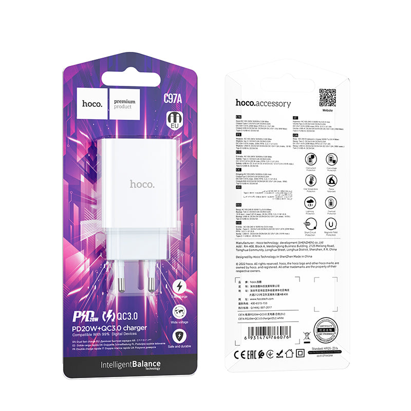 C97 Dual-Port 20W PD + QC3.0 Fast Charger with USB-C to USB-C Cable Set‚ HOCO.