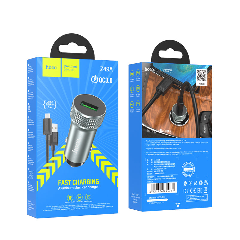 Z49A Level 18W Car Charger Set with USB-A to Micro Cable ‚ Single USB-A Port, QC3.0 Support, Aluminum Alloy Construction‚Hoco