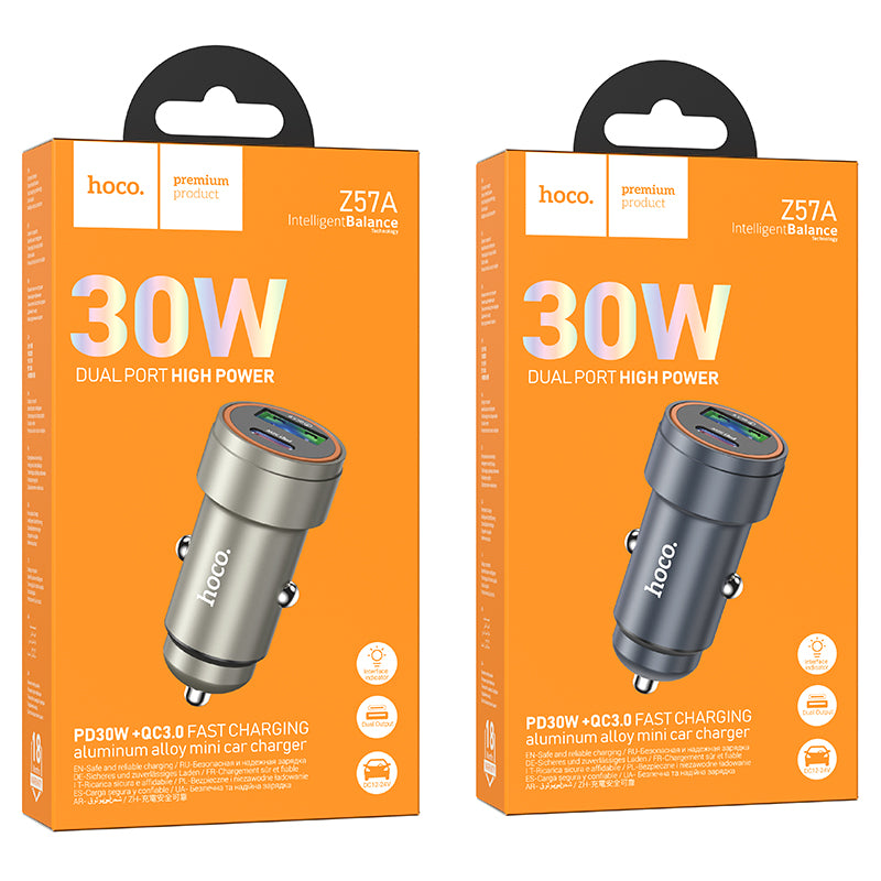 Z57A Glorious PD30W + QC3.0 Dual-Port Car Charger – Metal Gray | HOCO