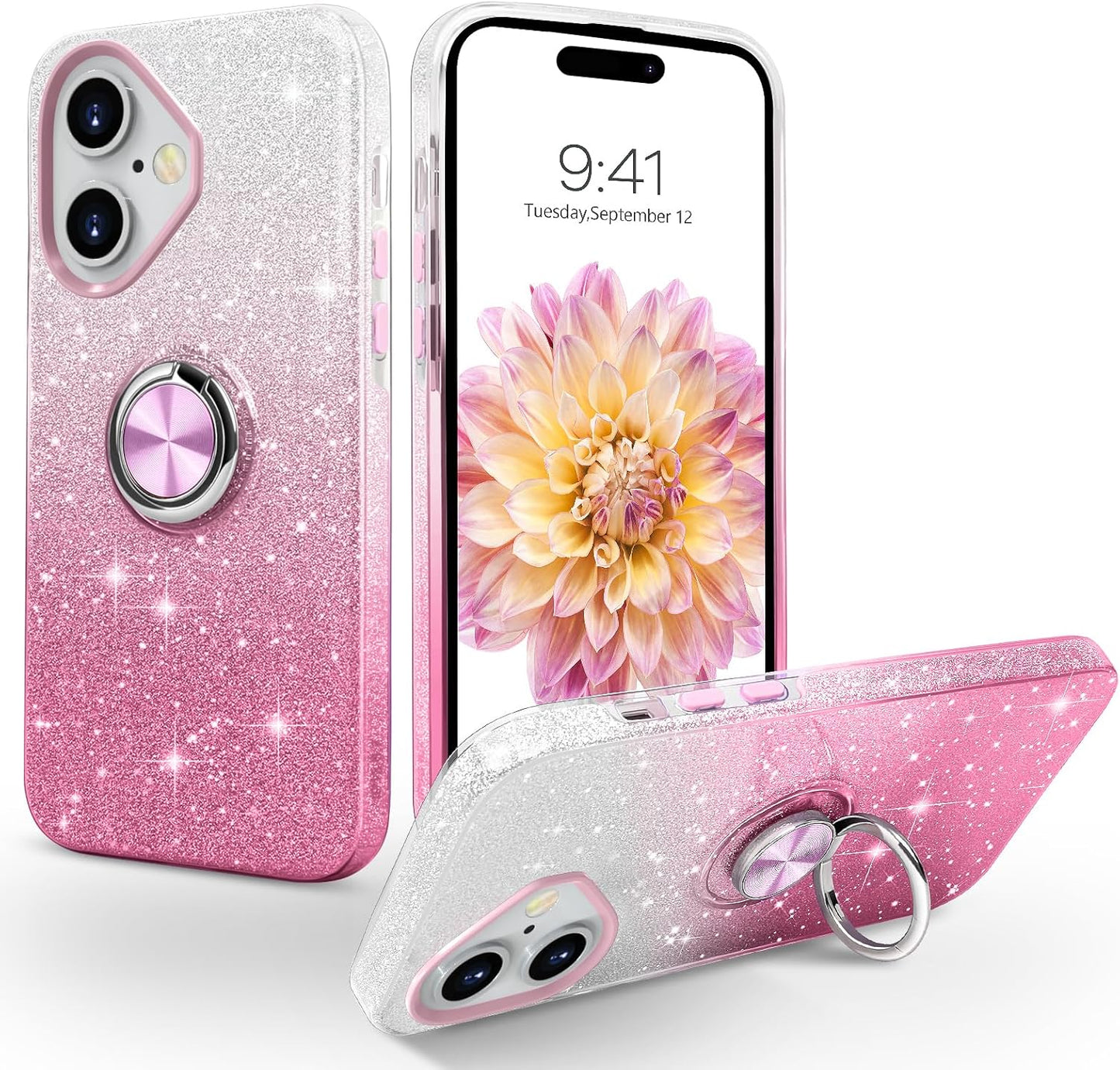 Pink DUAL COLOR BLING RING CASE for Apple iPhone 16