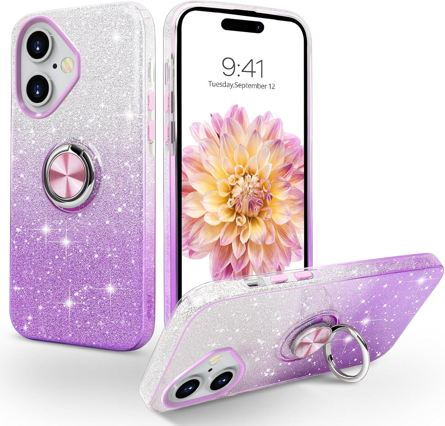Purple DUAL COLOR BLING RING CASE for Apple iPhone 16