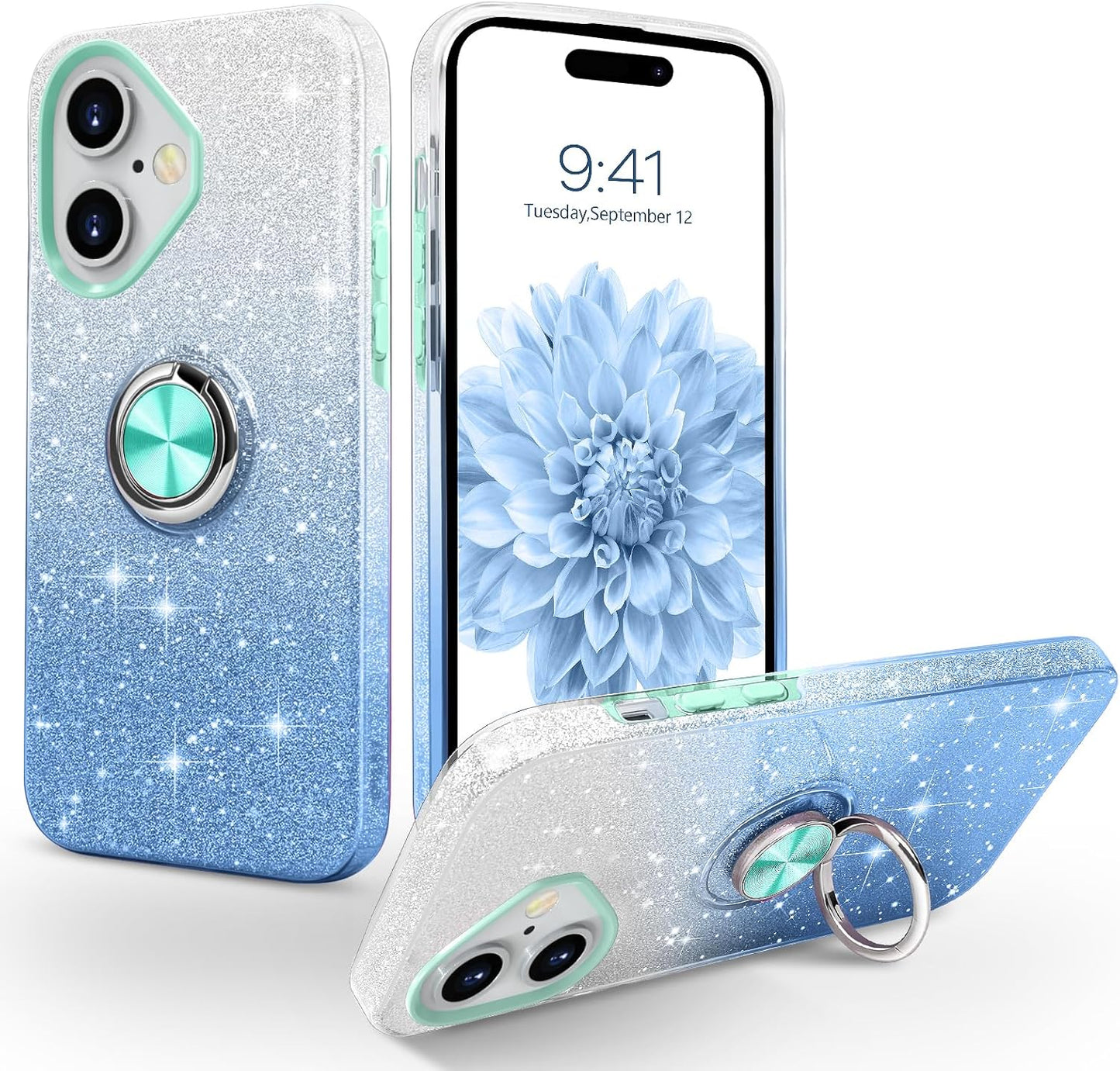 Blue DUAL COLOR BLING RING CASE for Apple iPhone 16