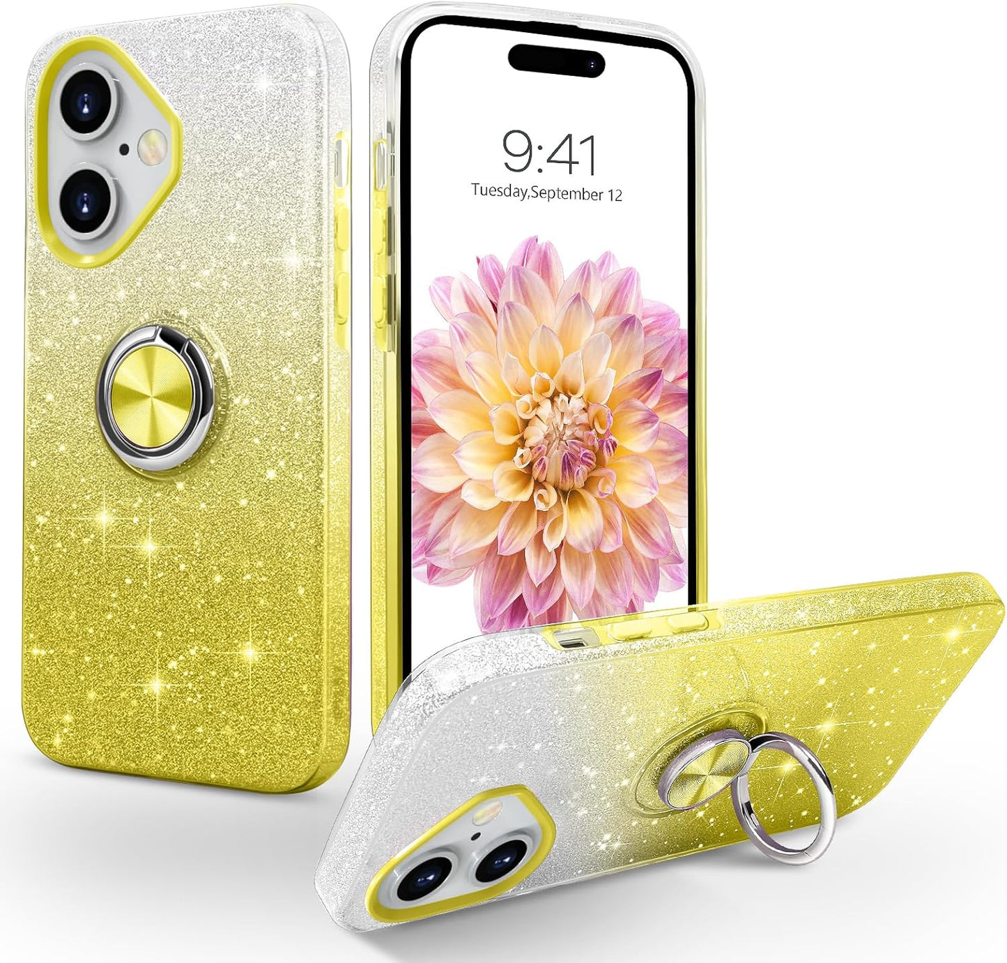 Yellow DUAL COLOR BLING RING CASE for Apple iPhone 16