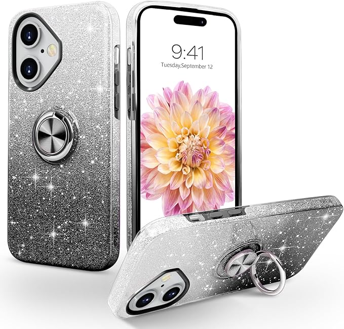 Black DUAL COLOR BLING RING CASE for Apple iPhone 16