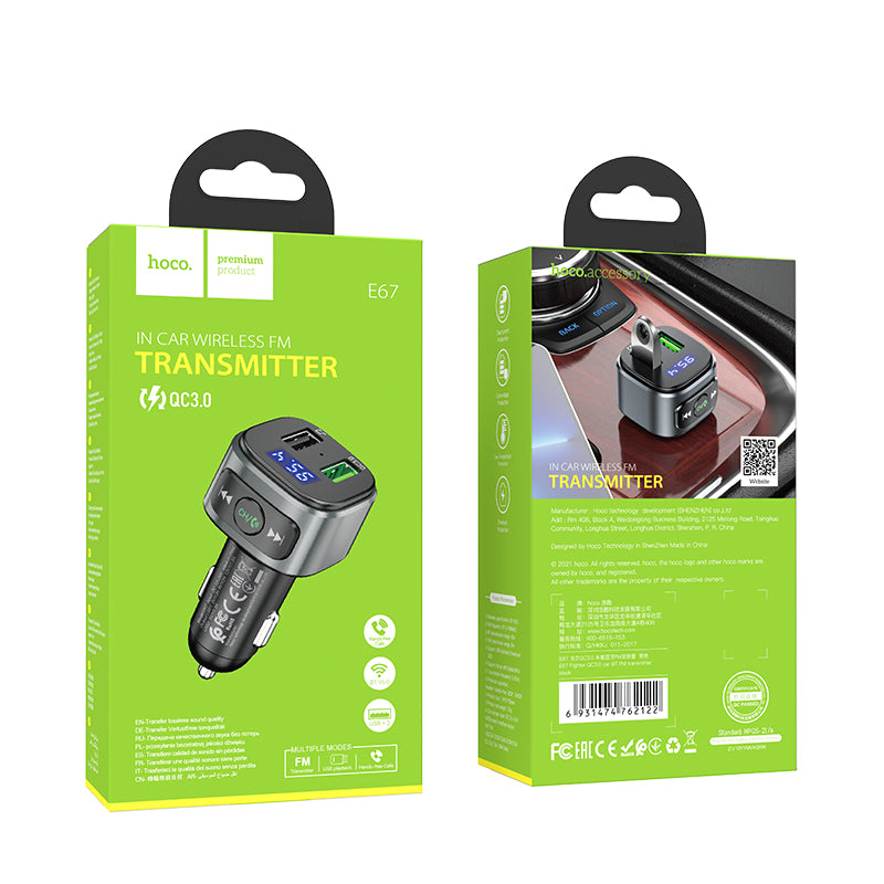 Hoco E67 Wireless FM Transmitter & Car Charger ‚ Bluetooth 5.0, Dual USB Ports