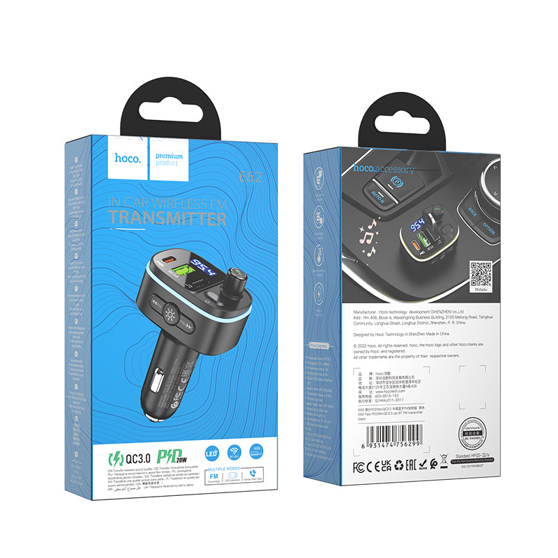 E62 Wireless Bluetooth Fast PD20W+QC3.0 FM transmitter Car charger Black Hoco