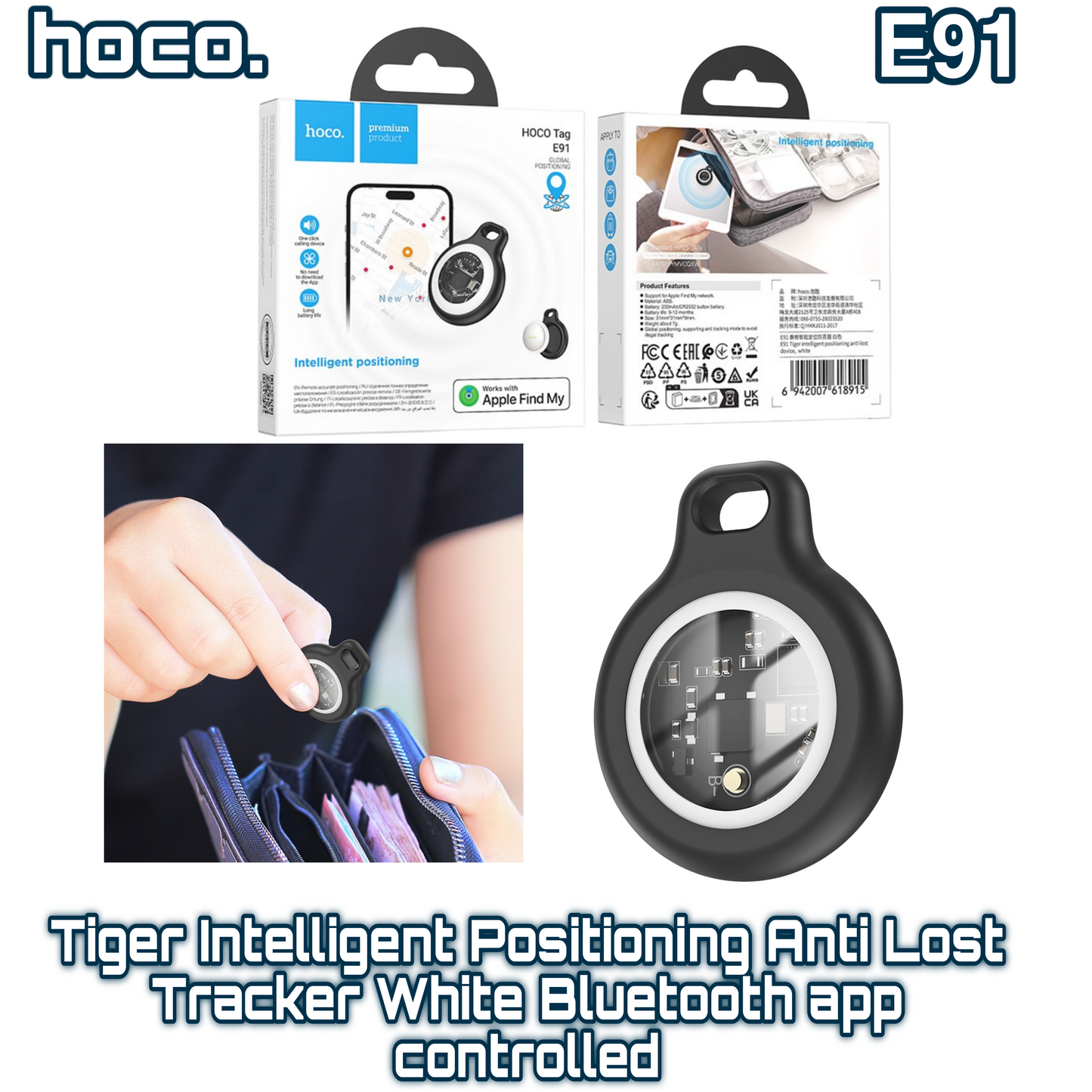 E91 Tiger Intelligent Positioning Anti-Lost Tracker – White, Bluetooth & App Controlled | HOCO