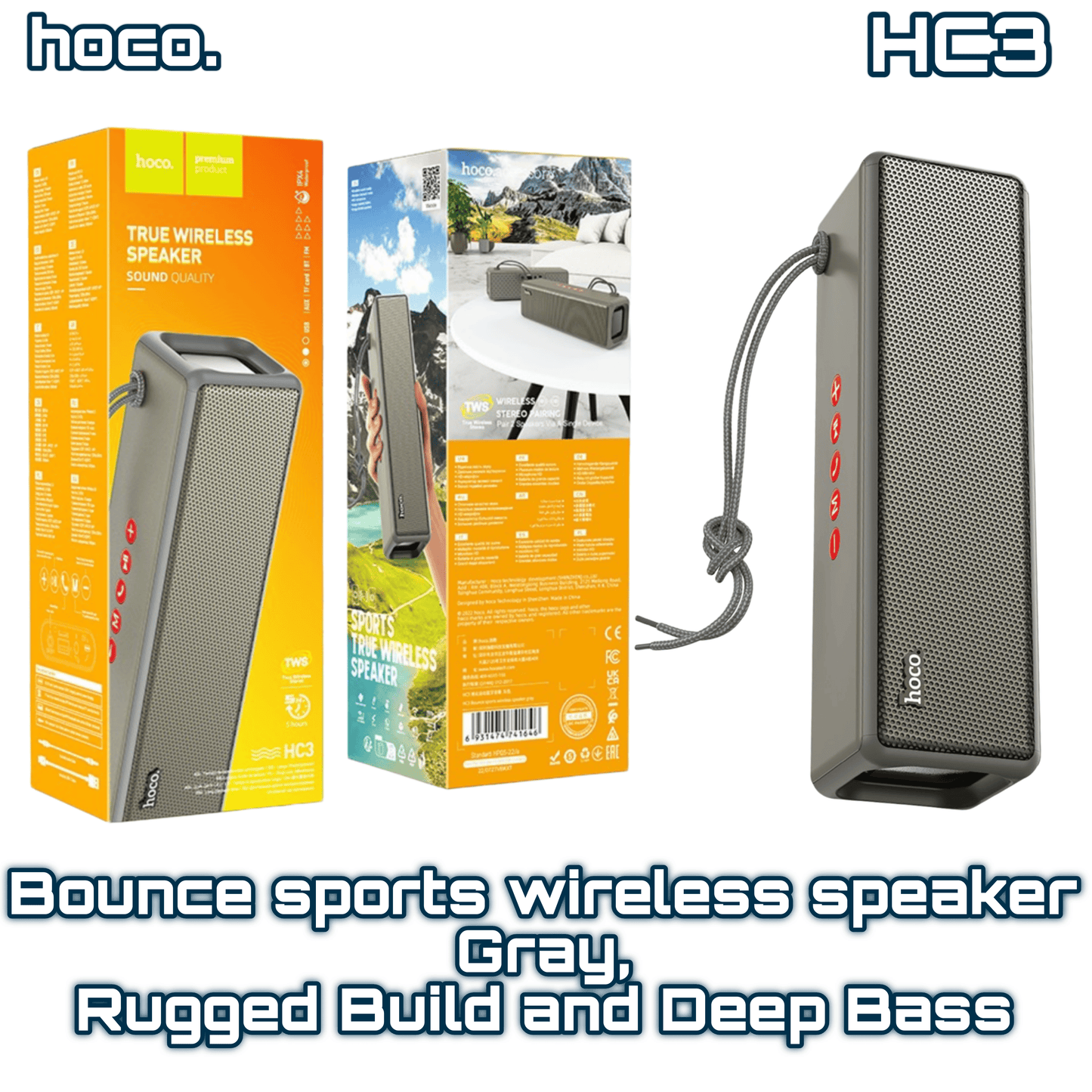 HC3 Bounce Sports Wireless Speaker – Gray, Rugged Build & Deep Bass | HOCO