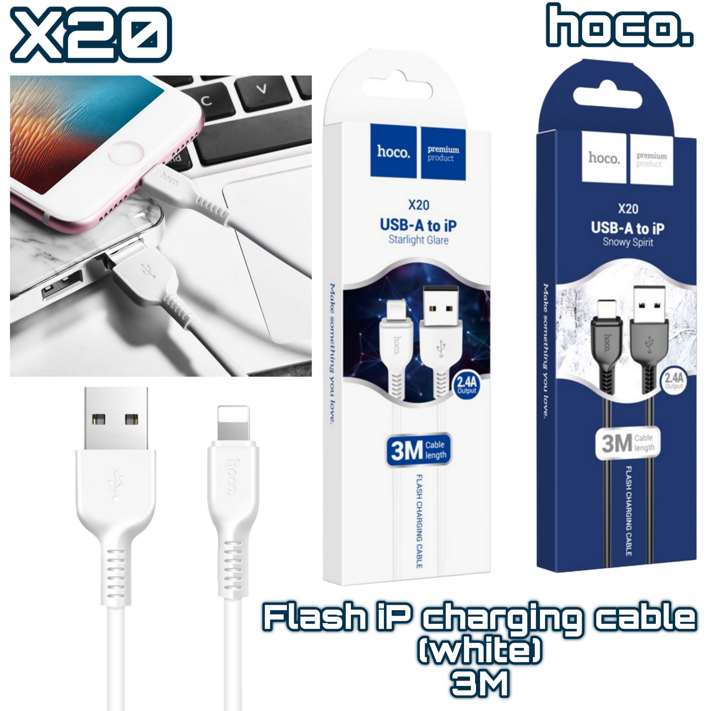 X20 USB to Lightning Fast Charging Cable ‚ 3M White, Durable Design | HOCO