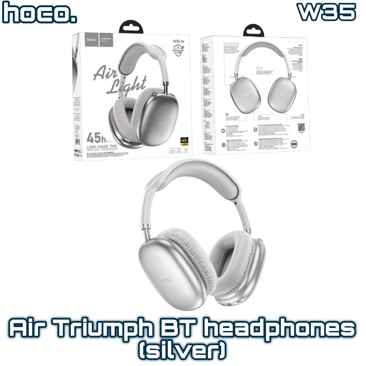 W35 Air Triumph Bluetooth Headphones – Silver, 45H Playtime, BT 5.3, TF/AUX Support | HOCO