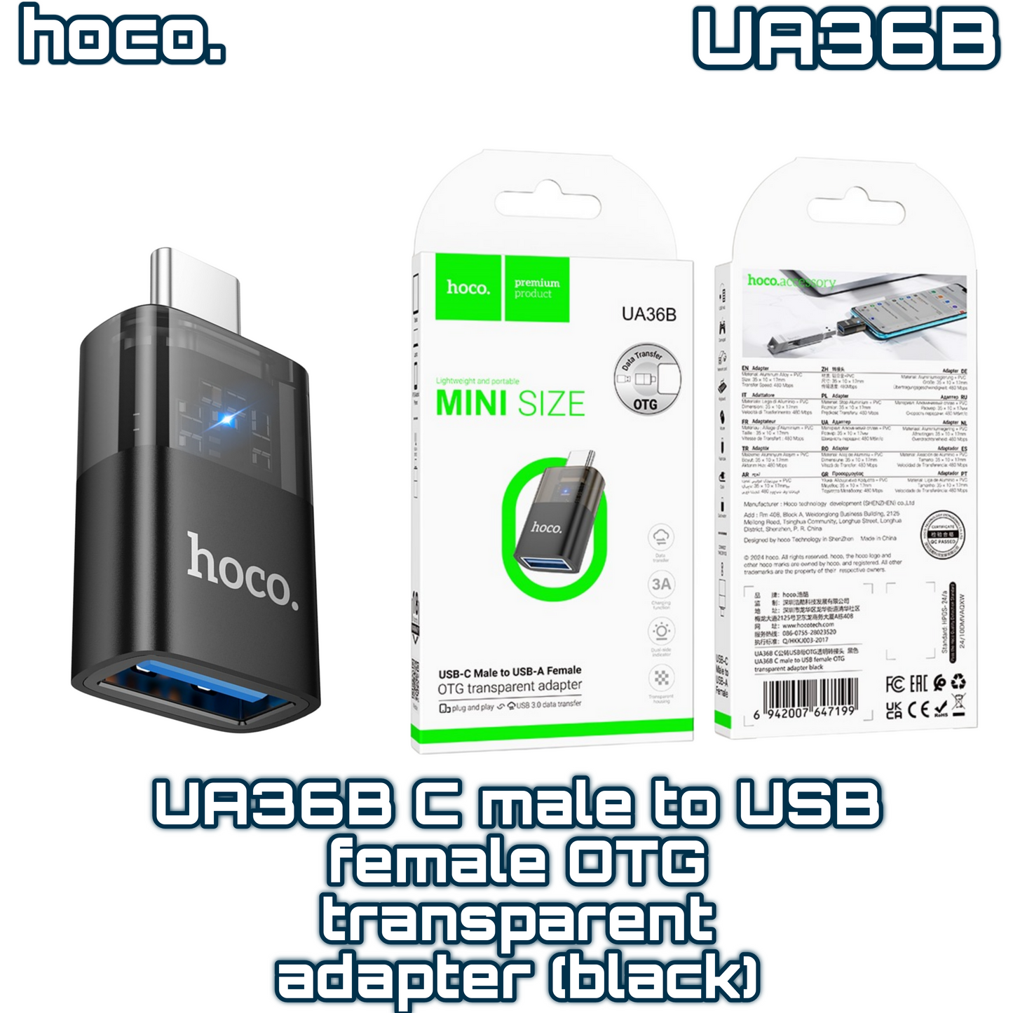 UA36B Type-C Male to USB Female OTG Transparent Adapter – Black | HOCO