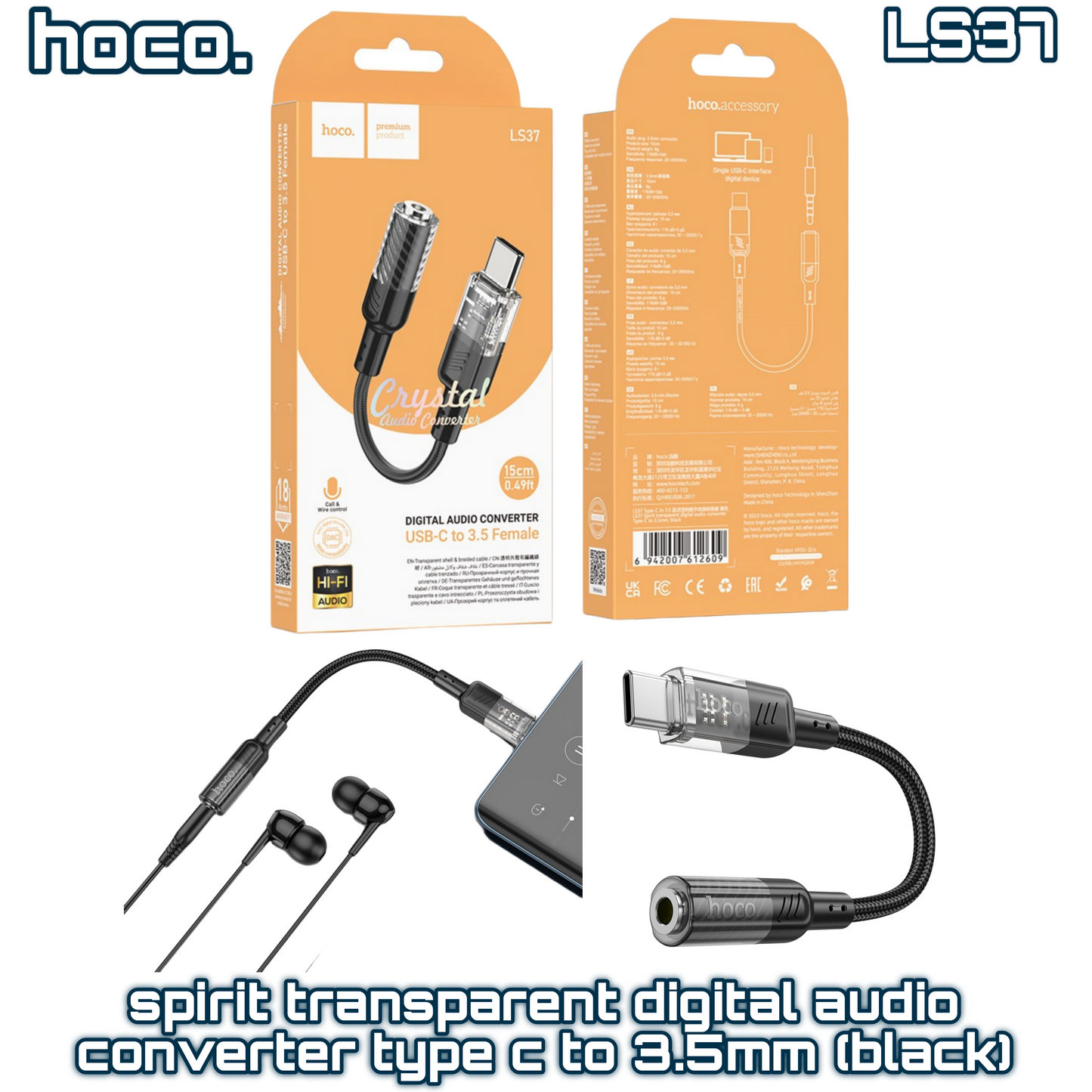 LS37 Spirit Transparent Digital Audio Converter Type-C to 3.5 mm – Black | HOCO