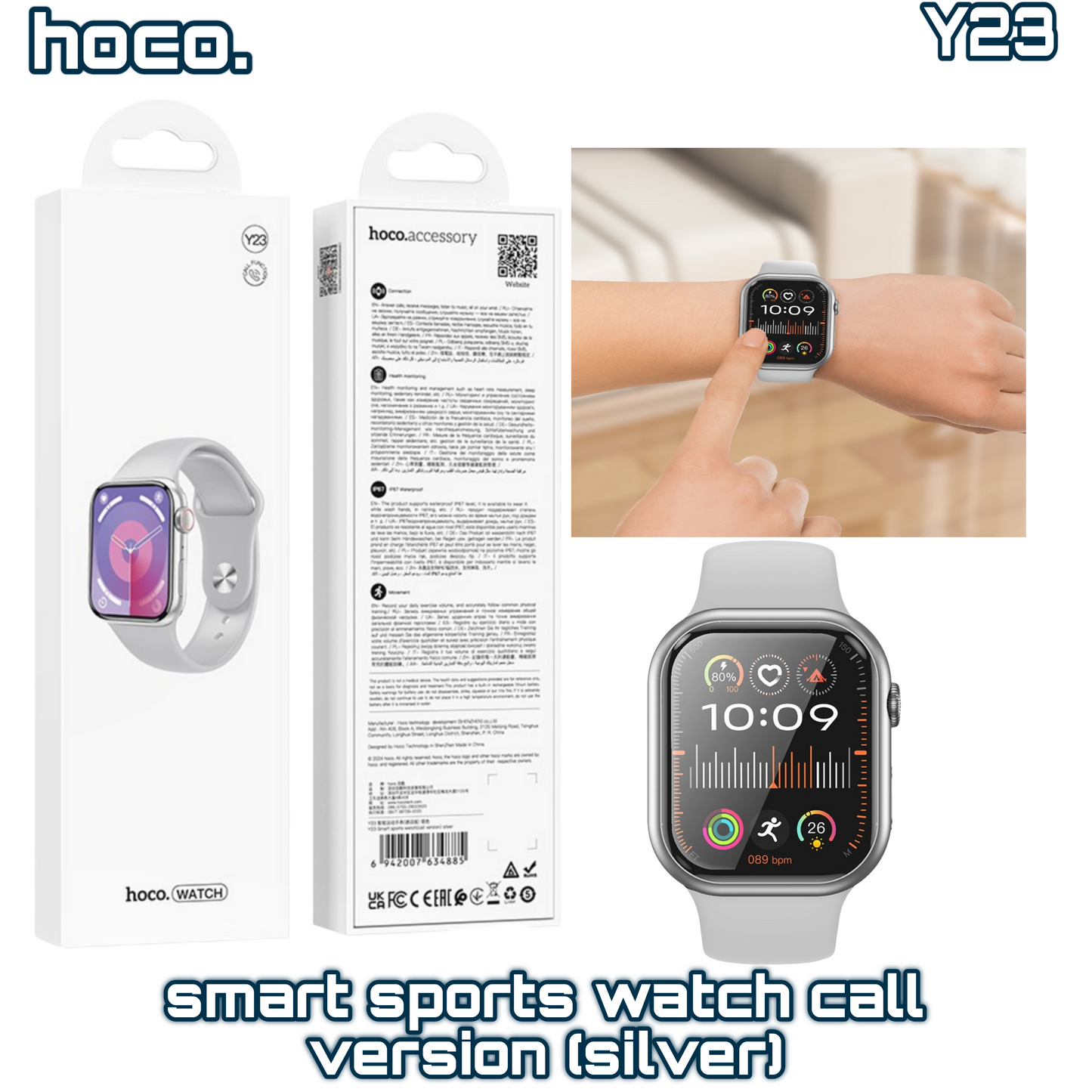 Y23 Smart Sports Watch (Call Version) ‚ Silver, Bluetooth Calling & Full Touch Display | HOCO