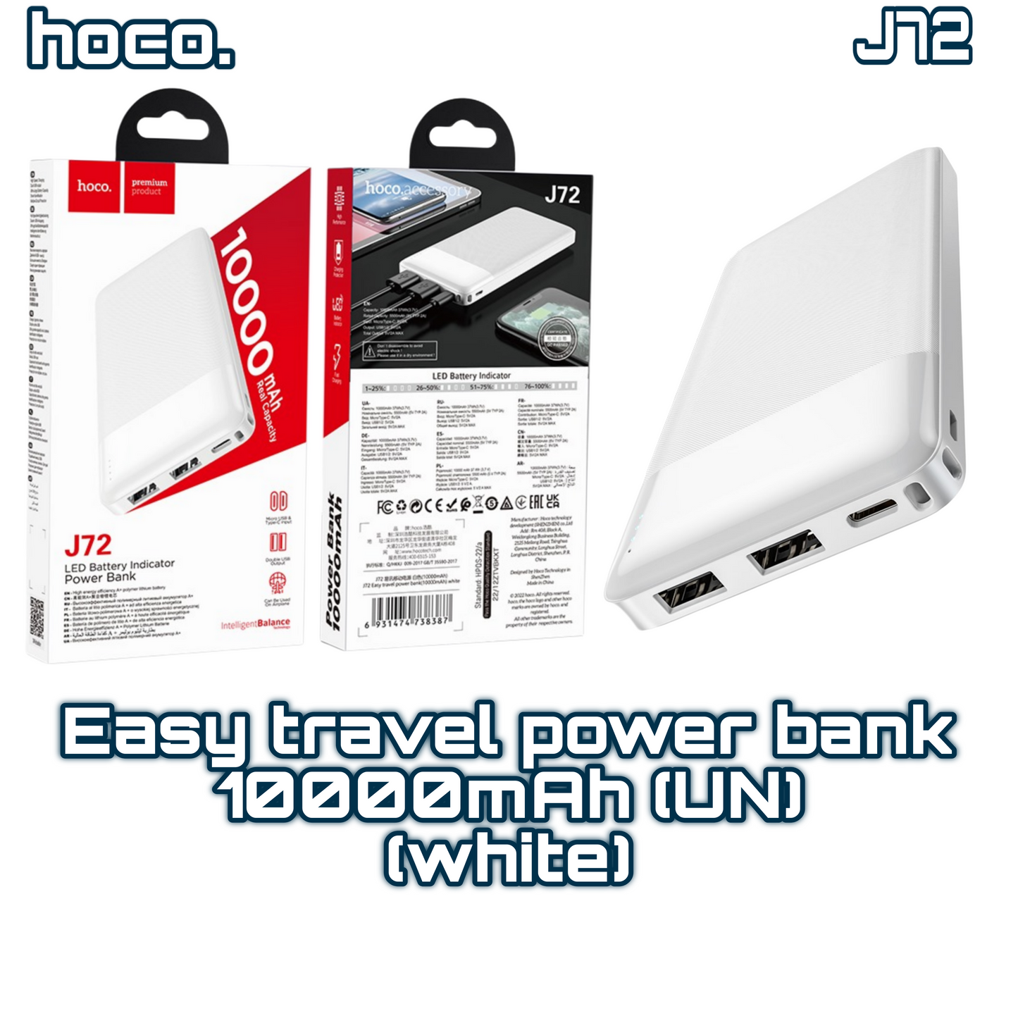 J72 Easy Travel Power Bank – 10 000 mAh, Dual USB Output – White | HOCO
