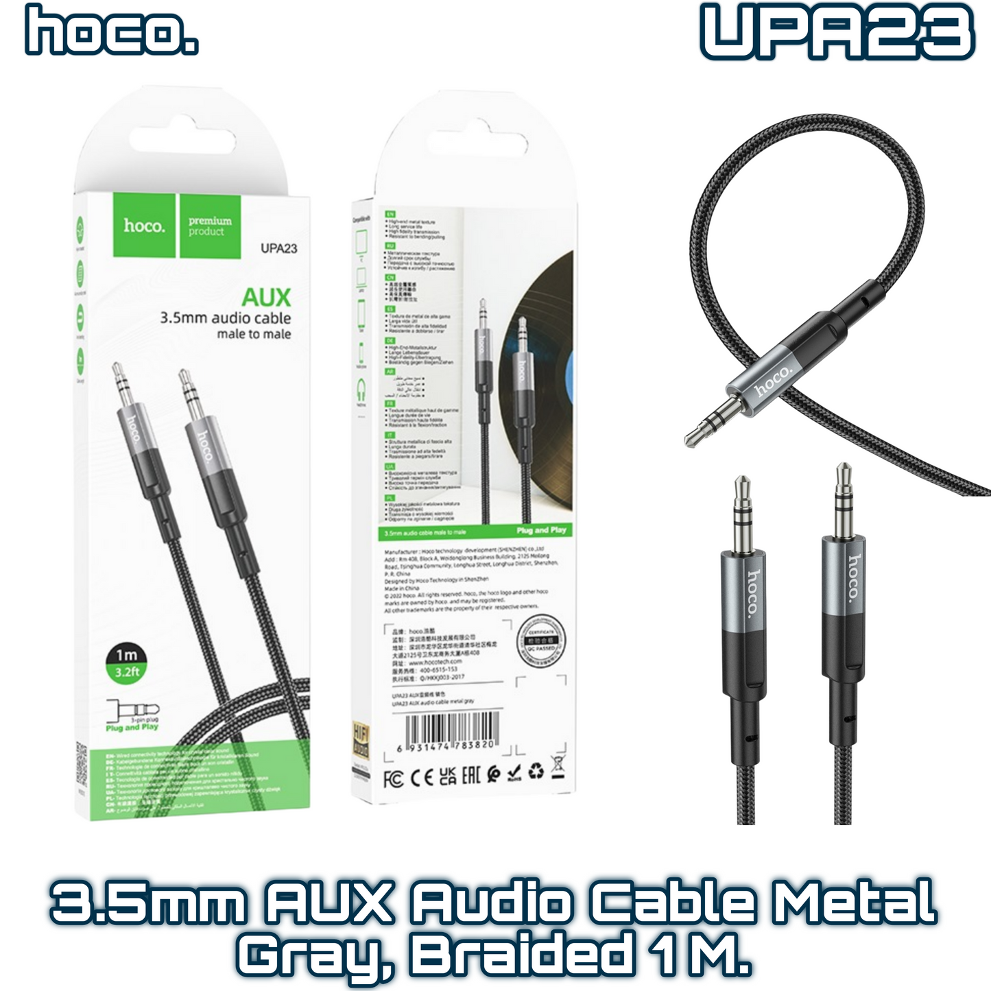 UPA23 3.5mm AUX Audio Cable – Metal Gray, Braided, 1M | HOCO