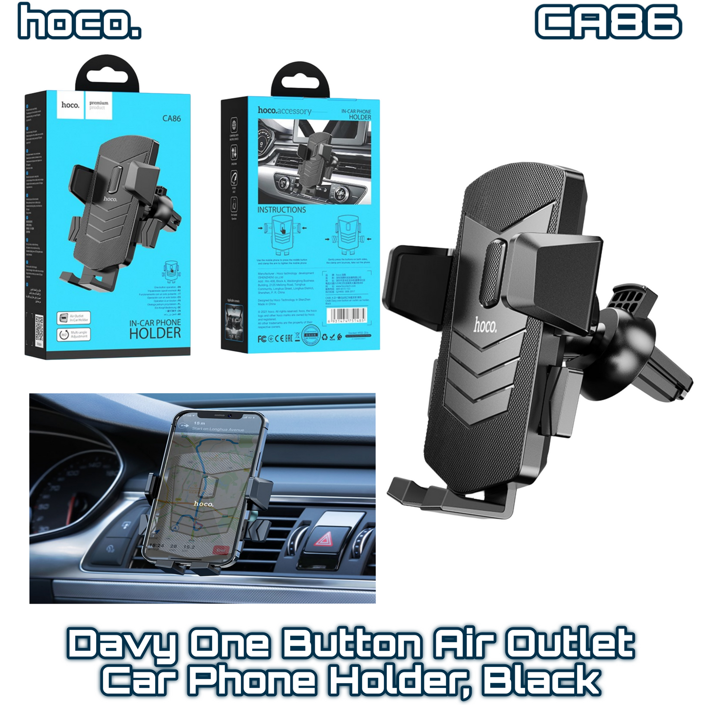 CA86 Davy One-Button Air Outlet Car Phone Holder ‚ Black | HOCO