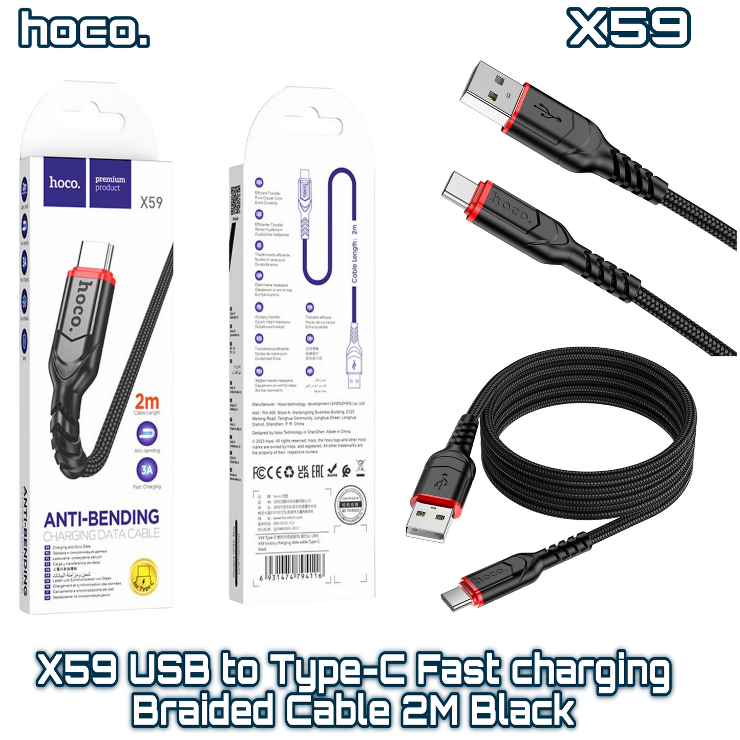 X59 USB to Type-C Fast Charging Braided Cable ‚ 2M Black | HOCO