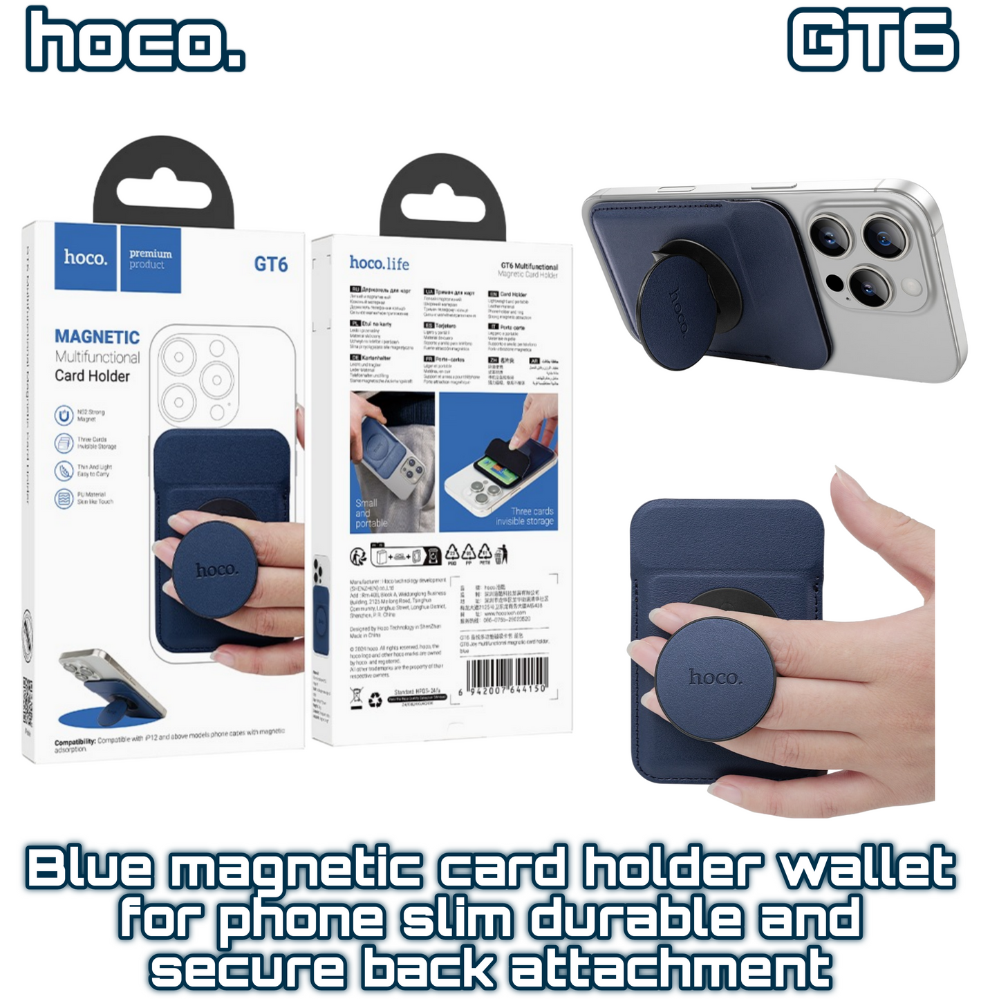 GT6 Blue Magnetic Card Holder Wallet for Phone – Slim, Durable & Secure Back Attachment (Supports MagSafe Compatible Devices) HOCO