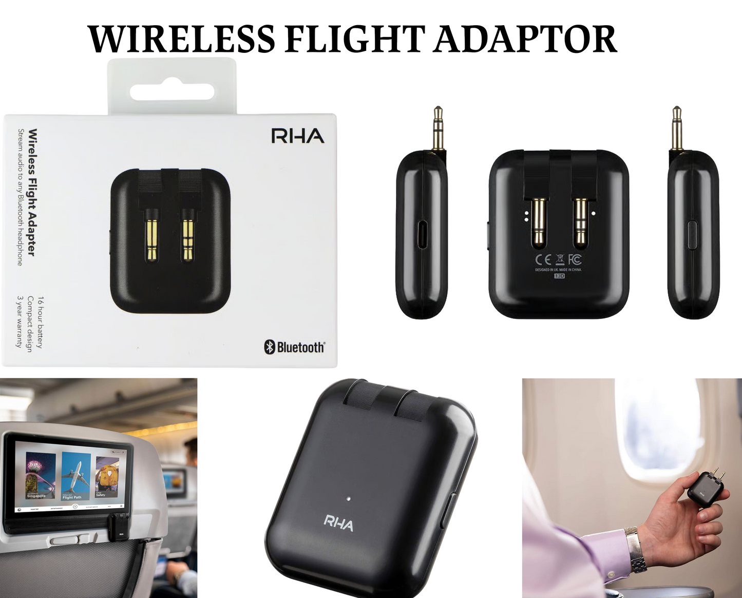 RHA Wireless Flight Adapter – Bluetooth 5.0 Audio Transmitter for In-Flight Entertainment Systems with Dual 3.5mm Jacks, aptX Low Latency, 16-Hour Battery Life