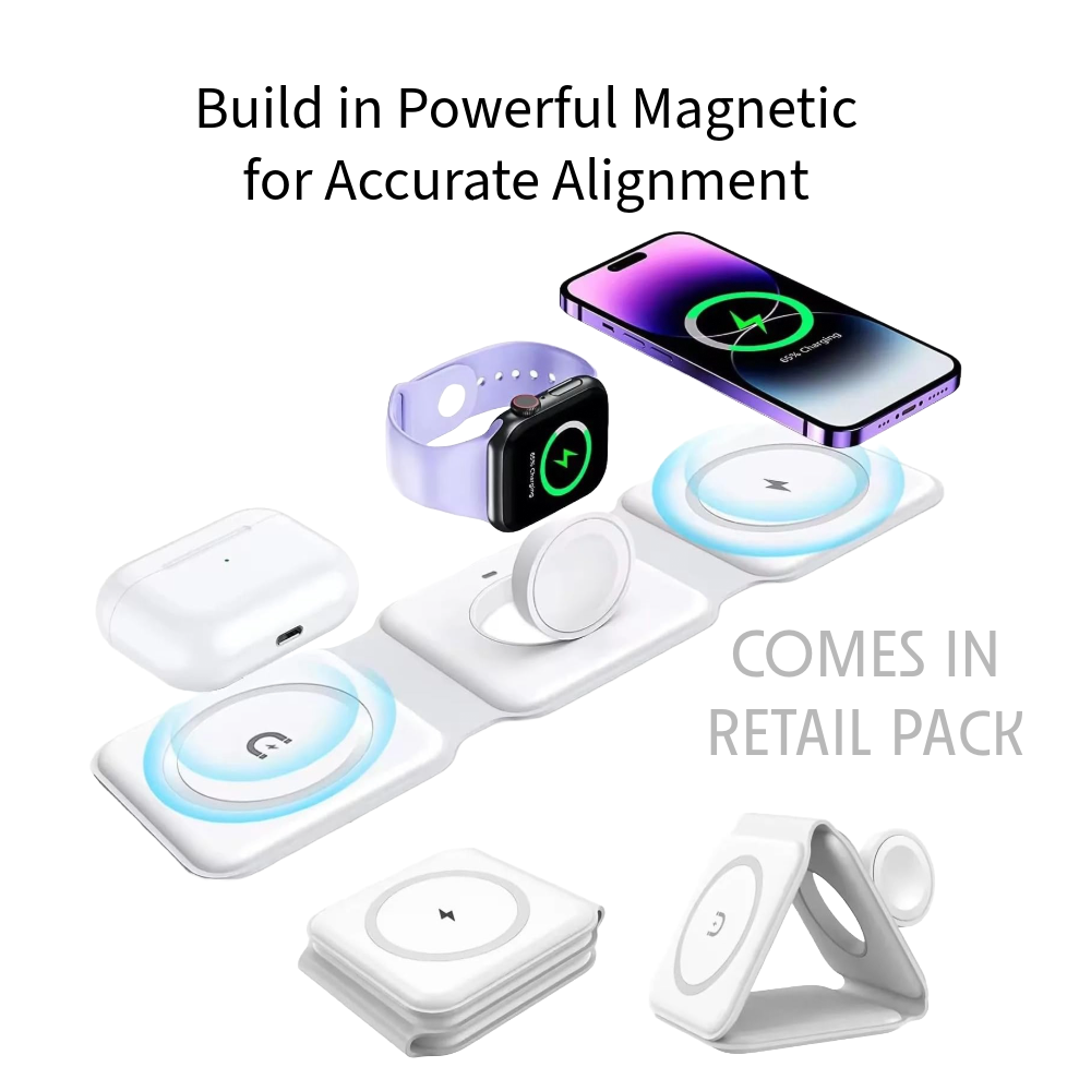 3 in 1 New Wireless Charger for iPhone Charging Station for Apple Multiple Devices, Foldable Magnetic Mag-Safe Travel Charger White