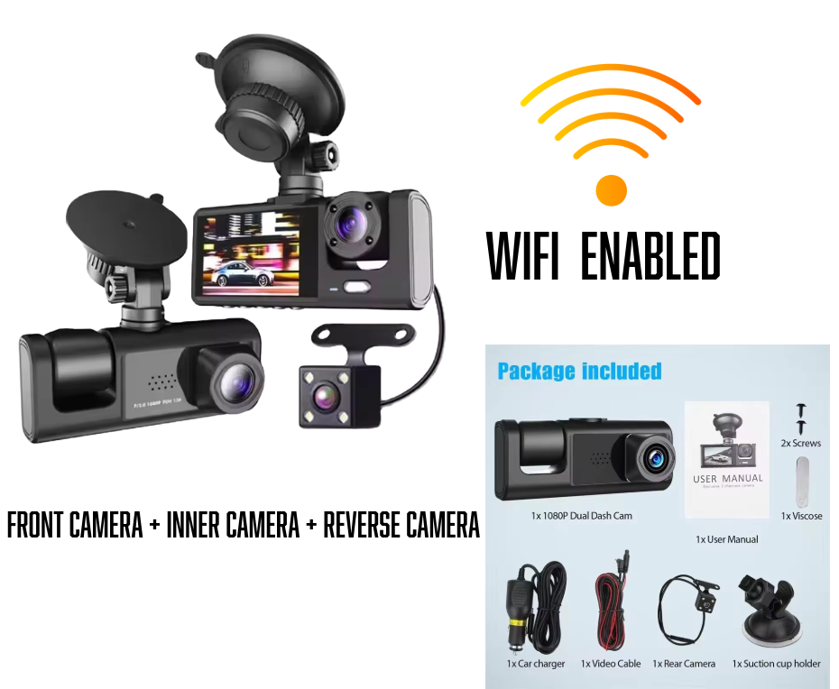 A22 3-lens car dash cam featuring HD recording, Wi-Fi connectivity, loop recording, and a suction mount