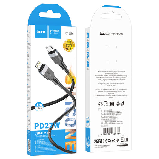 X109 USB-C to Lightning Charging Cable ‚ 1m, 20W PD Fast Charge, 480Mbps Data Sync, Silicone Body | Hoco (Black)