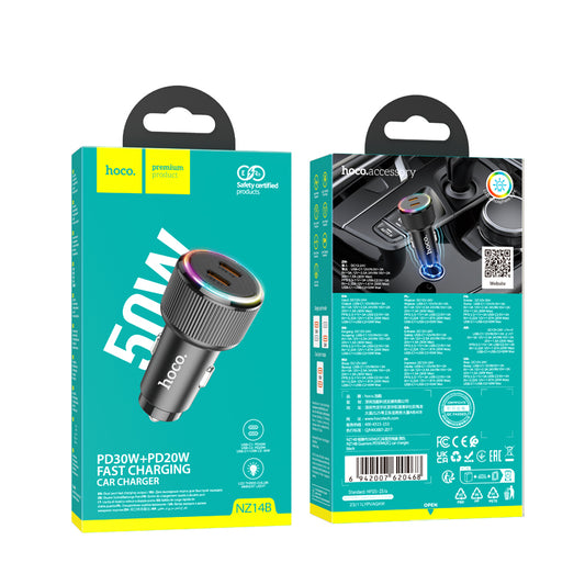 NZ14B Guerrero 2 Port 50W With Ambiance Car Charger Light Fast Charging HOCO