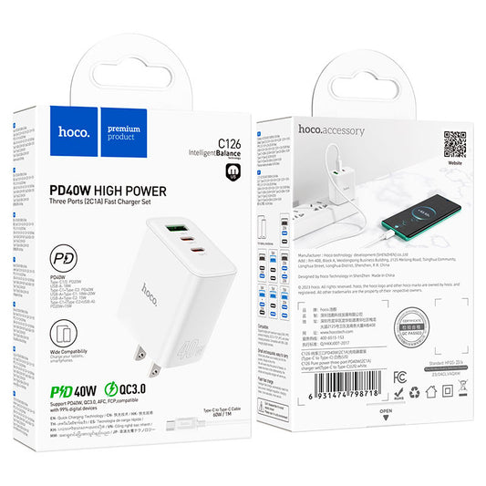 C126 Pure Power 40W 3-Port Charger with Dual USB-C and USB-A Output‚ + Type c to Lightning cable HOCO