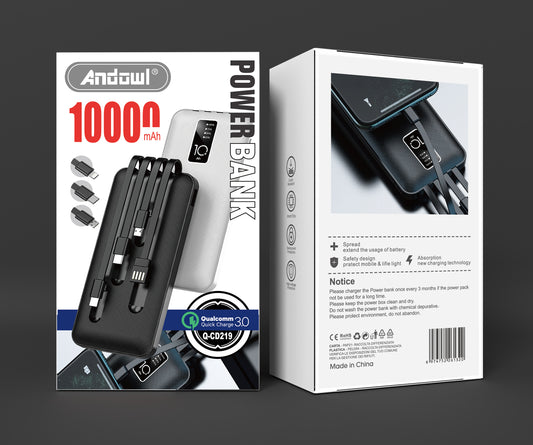 Q-CD219 10000 mah QC 3.0 PD Power bank with Inbuilt iOS / lightening / v8 Cable Andowl