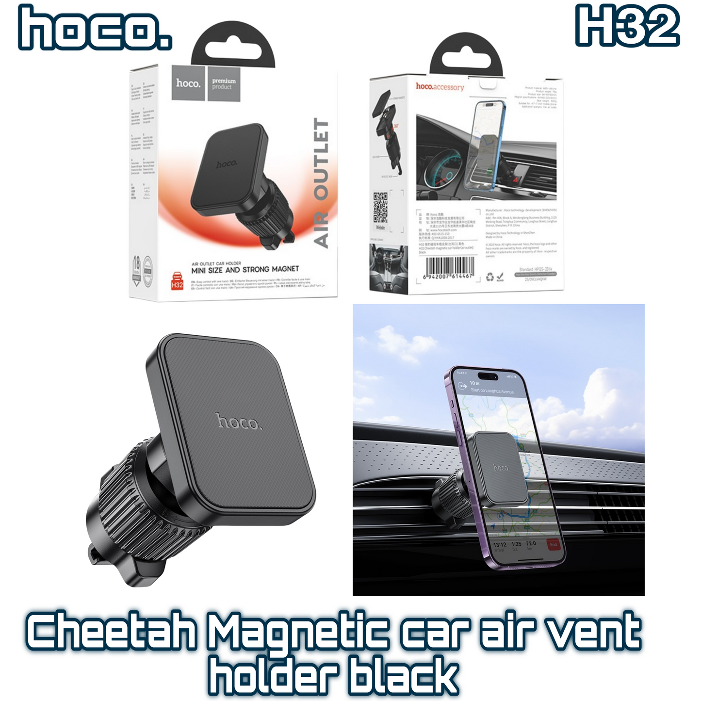 H32 Cheetah Magnetic Car Air Vent Holder – Black | HOCO