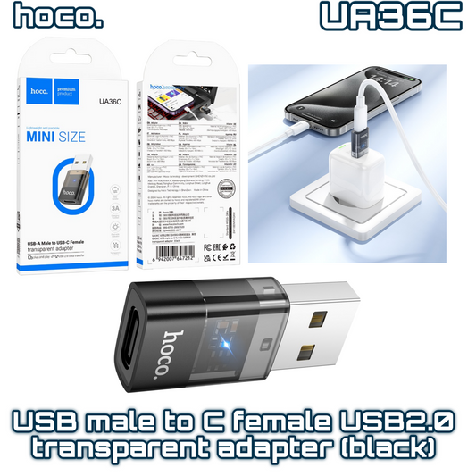 UA36C USB Male to Type-C Female USB2.0 Transparent Adapter – Black | HOCO