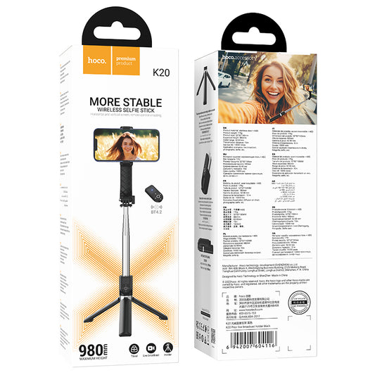 K20 Selfie Stick + Tripod Wireless Monopod Black Hoco