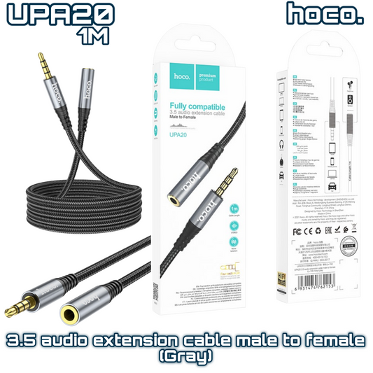 UPA20 3.5mm AUX Audio Extension Cable Male to Female – 1M Metal Gray | HOCO