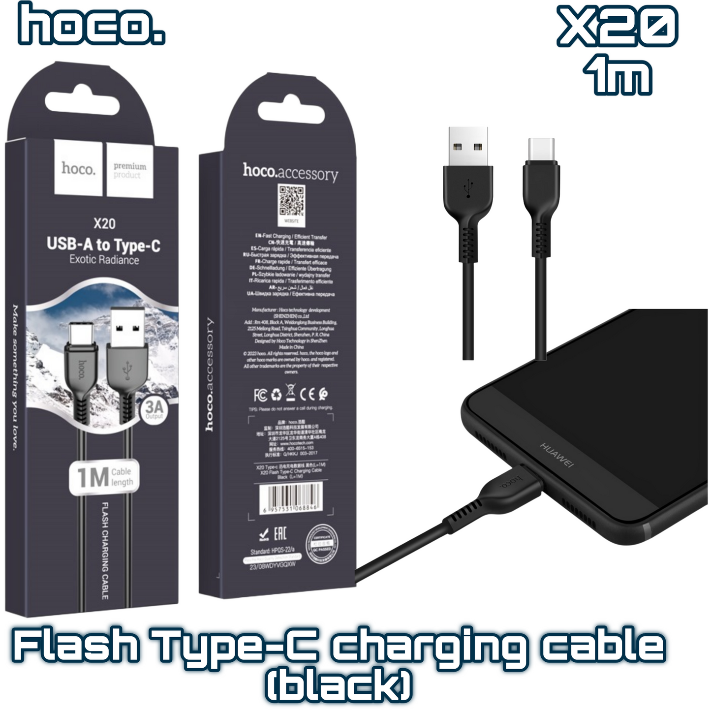 X20 USB to Type-C Fast Charging Cable ‚  1M Black, Durable Design | HOCO