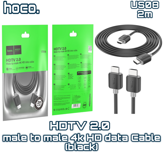 US08 HDMI to HDMI 4K Cable – 2M Black, High-Speed Transmission | HOCO