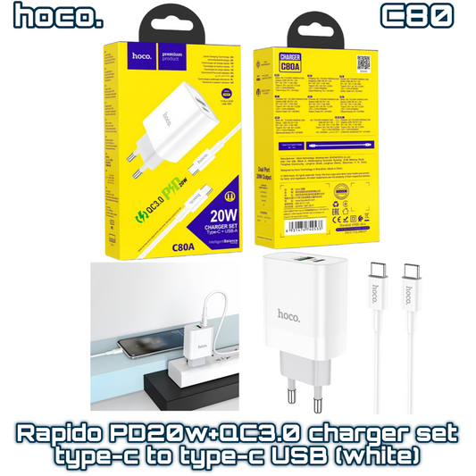 C80 Dual-Port 20W Wall Charger with Type-C to Type-C Cable + QC3.0 ‚  White | HOCO