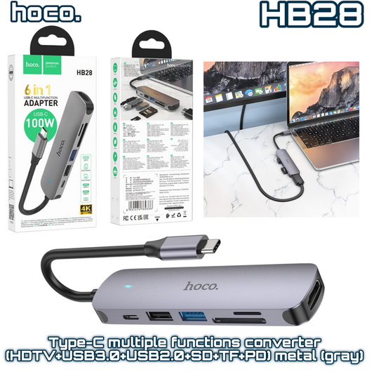 HB28 Type-C Multifunction Adapter – 7-in-1 Hub, 4K, PD 60W, SD/TF – Metal Gray | HOCO