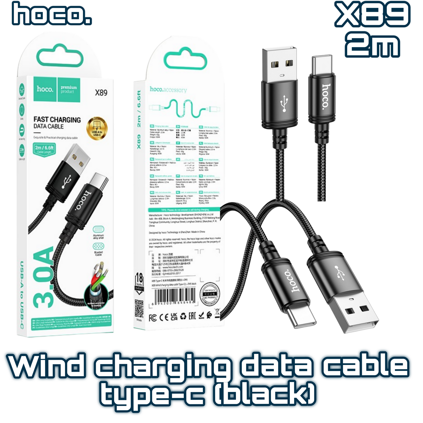 X89 Wind USB to Type-C Fast Charging Data Cable ‚  2M Black (Packaged) | HOCO