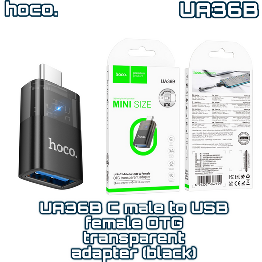 UA36B Type-C Male to USB Female OTG Transparent Adapter – Black | HOCO