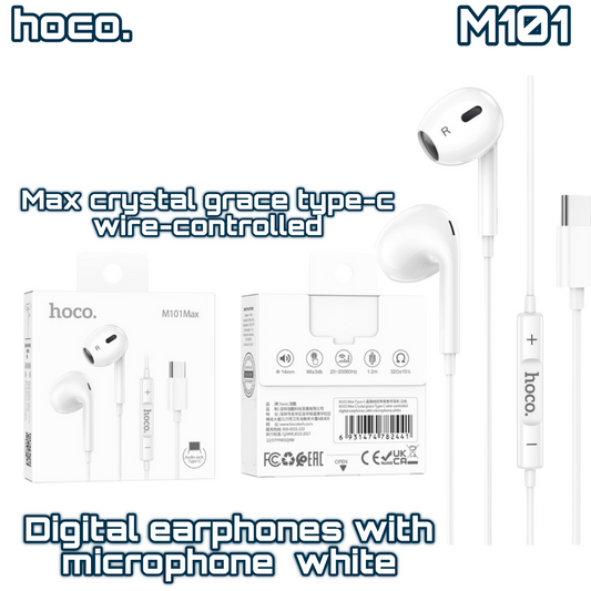 M101 Max Crystal Grace Type-C Wired-Controlled Digital Earphones with Microphone – White | HOCO