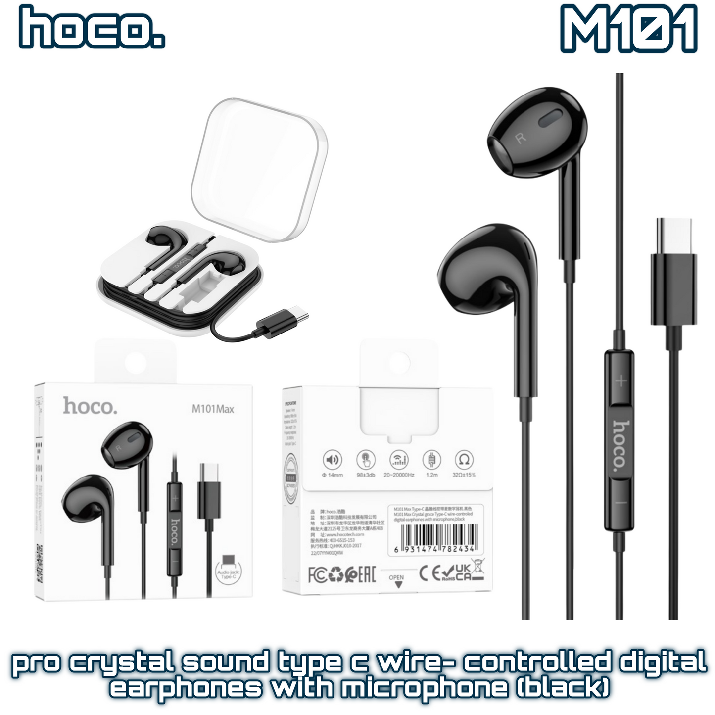 M101 Max Crystal Grace Type-C Digital Earphones – Black, Mic, Wire-Control, Hi-Fi Sound | HOCO