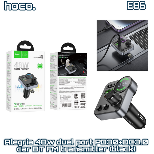 E86 Alegria 48W Dual Port PD30W + QC3.0 Car Bluetooth FM Transmitter – Black | HOCO
