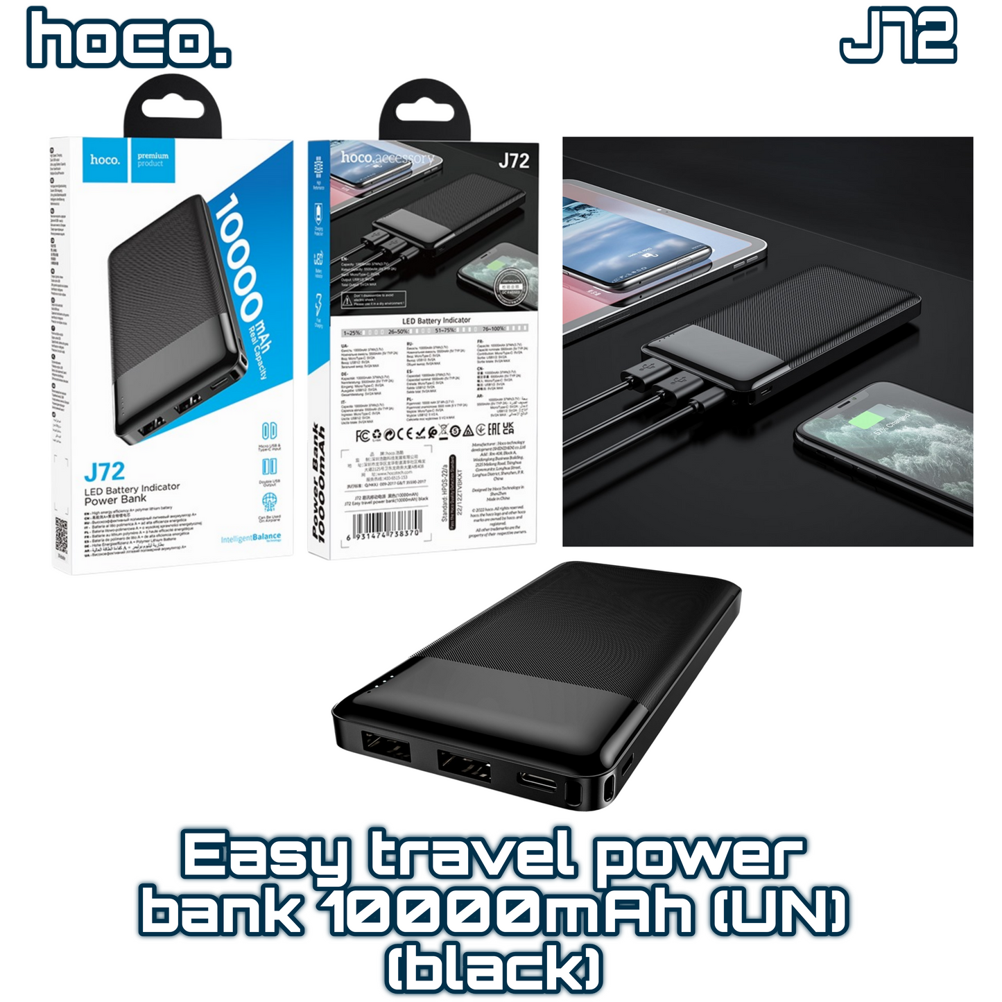 J72 Easy Travel Power Bank – 10 000 mAh, Dual USB Output – Black | HOCO