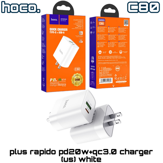 C80 Rapido PD20W + QC3.0 -USB-C PD + USB-A ‚  White | HOCO