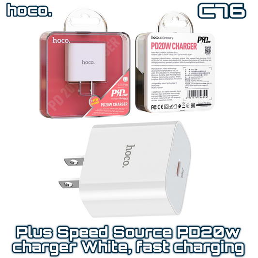 C76 Plus Speed Source PD20W Charger (US Plug) ‚  White, Compact Fast Charging | HOCO