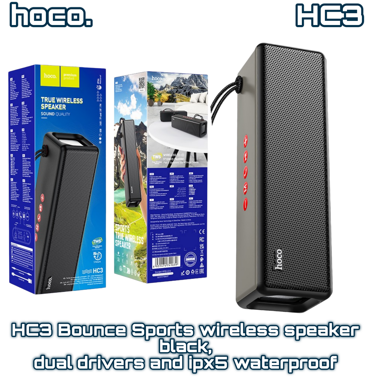 HC3 Bounce Sports Wireless Speaker – Black, Dual Drivers & IPX5 Waterproof | HOCO