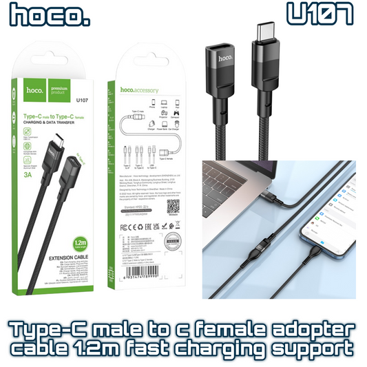 U107 Type-C Male to Type-C Female Adapter Cable – 1.2m, Fast Charging Support Black – HOCO