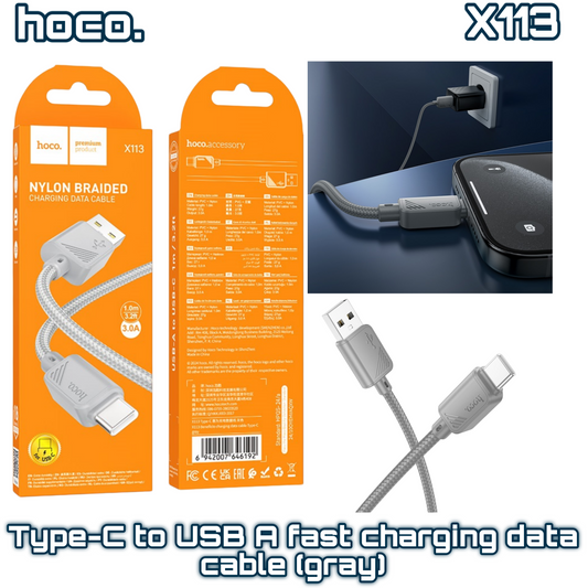 X113 1M Type-C to USB-A Fast Charging Data Cable – Durable Braided Design, 3A Output (Gray) Hoco