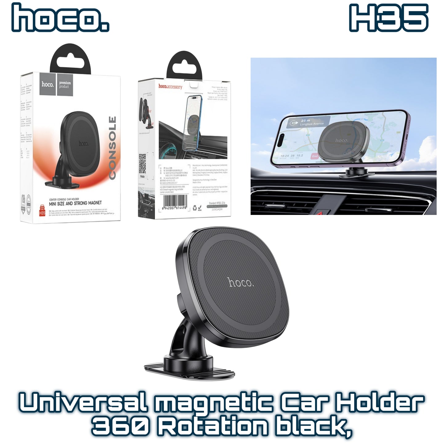 H35 Universal Magnetic Car Holder ‚ 360 Rotation, ABS+Silicone+PU, Compatible with All  Devices ‚ Black Hoco