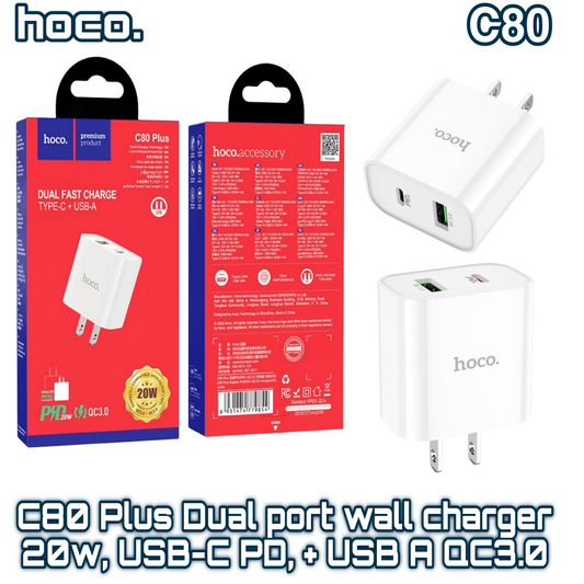 C80 Dual-Port 20W Wall Charger with Type-C to Lightning Cable + QC3.0 ‚  White | HOCO